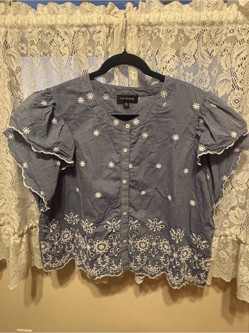 Calligraphy Blue Embroidered Puff-Sleeve Button-Front Top